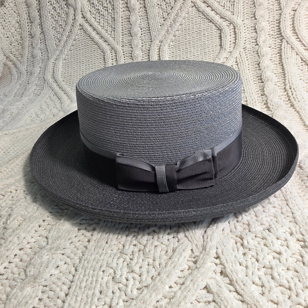 Biltmore Pork Pie Dress Hat Gray Straw Grosgrain Bow Mens XL Made in Canada